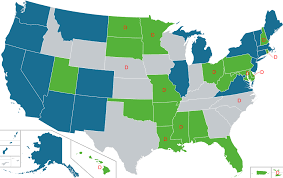 U.S. map with states in blue, green.